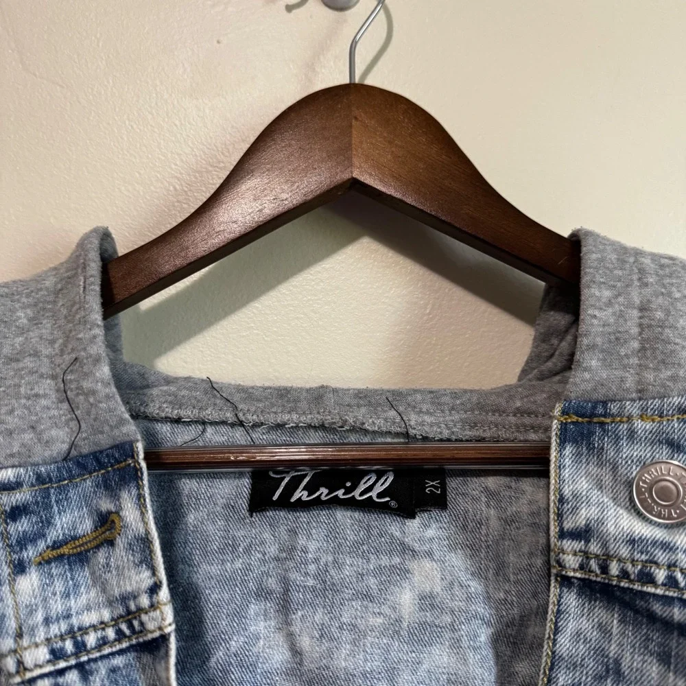 Thrill Men's Sz 2x Blue Acid Wash Hooded Denim Jacket 100% Cotton Grunge